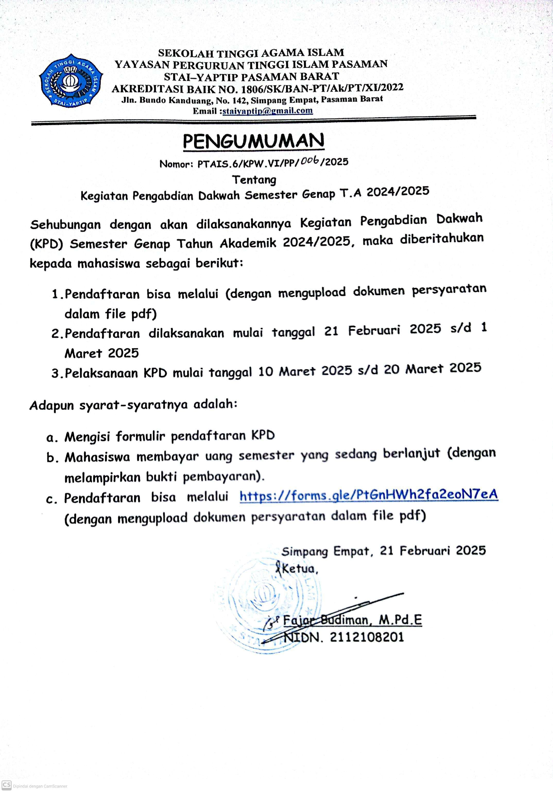 KEGIATAN PENGABDIAN DAKWAH SEMESTER GENAP T.A 2024/2025.