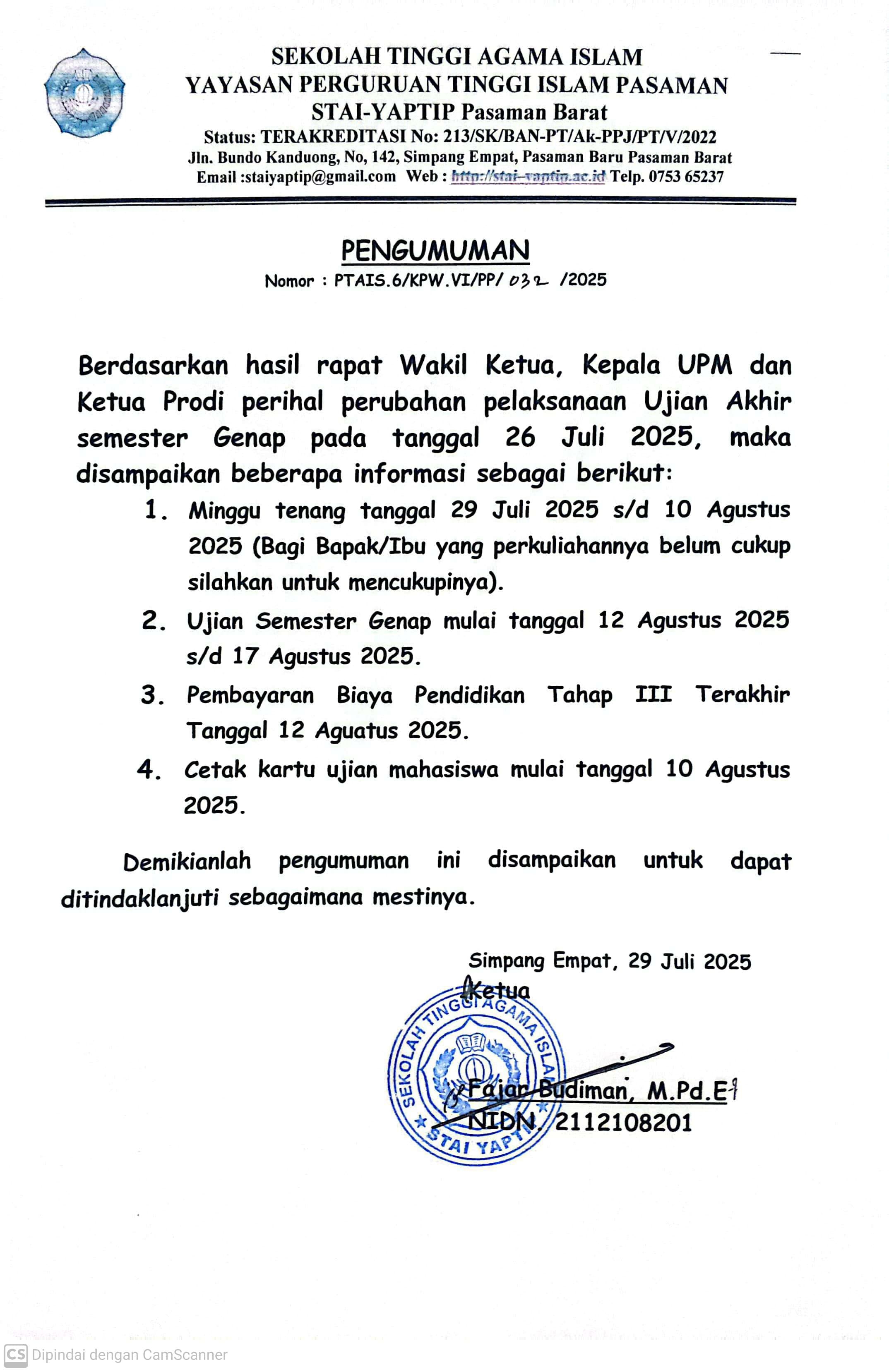 INFORMASI TENTANG UJIAN AKHIR SEMESTER TAHUN 2025