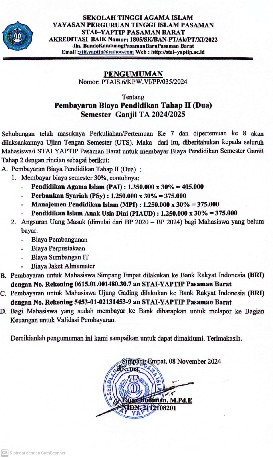 PEMBAYARAN BIAYA PENDIDIKAN TAHAP II SEMESTER GANJIL TAHUN AKADEMIK 2024/2025
