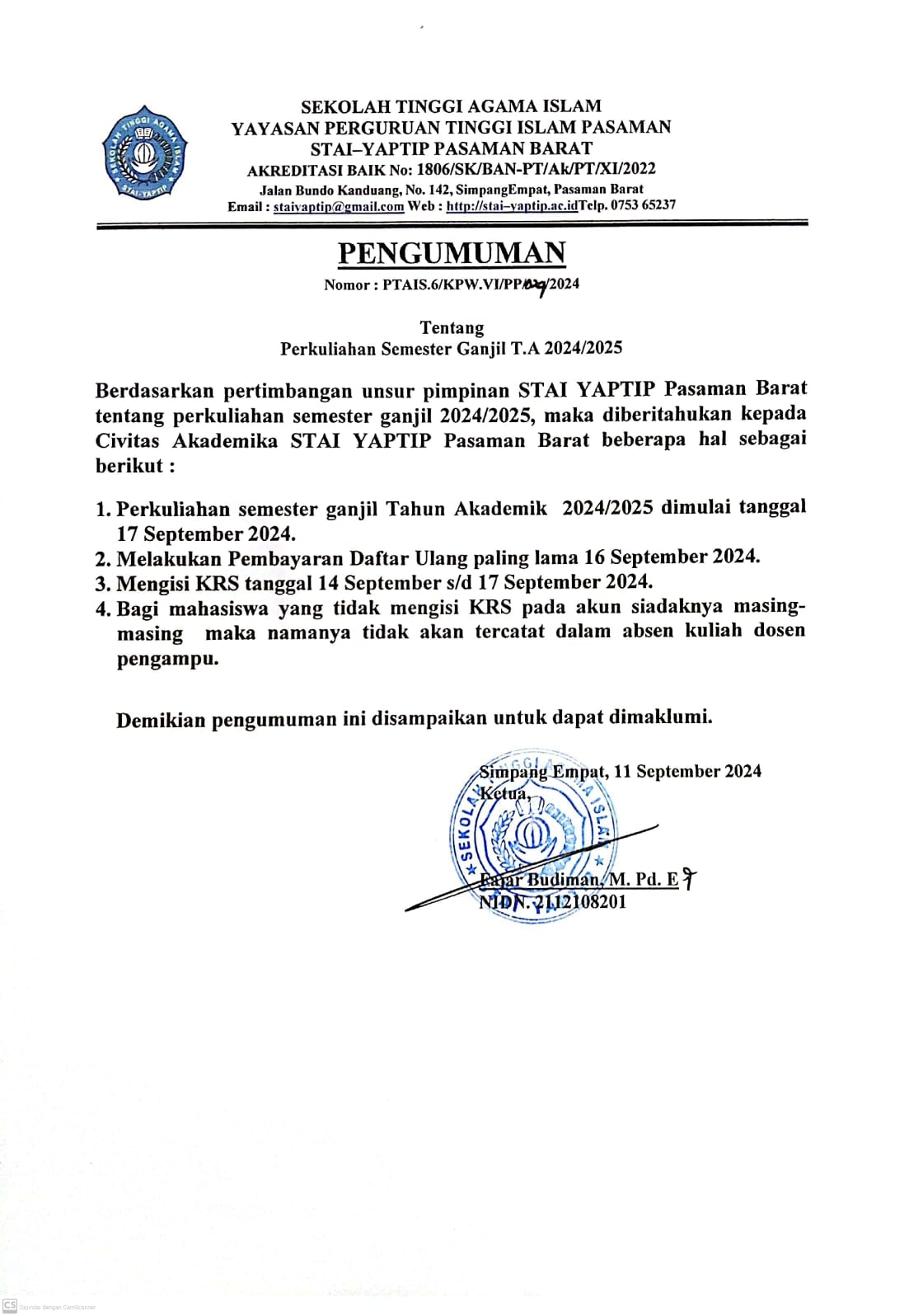 PERKULIAHAN SEMESTER GANJIL TAHUN AKADEMIK 2024/2025