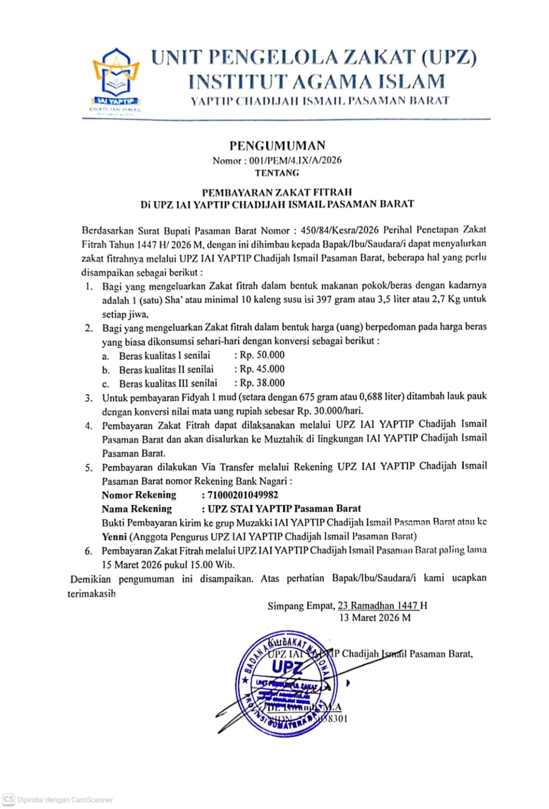 PEMBAYARAN ZAKAT FITRAH DI UPZ IAI YAPTIP CHADIJAH ISMAIL PASAMAN BARAT