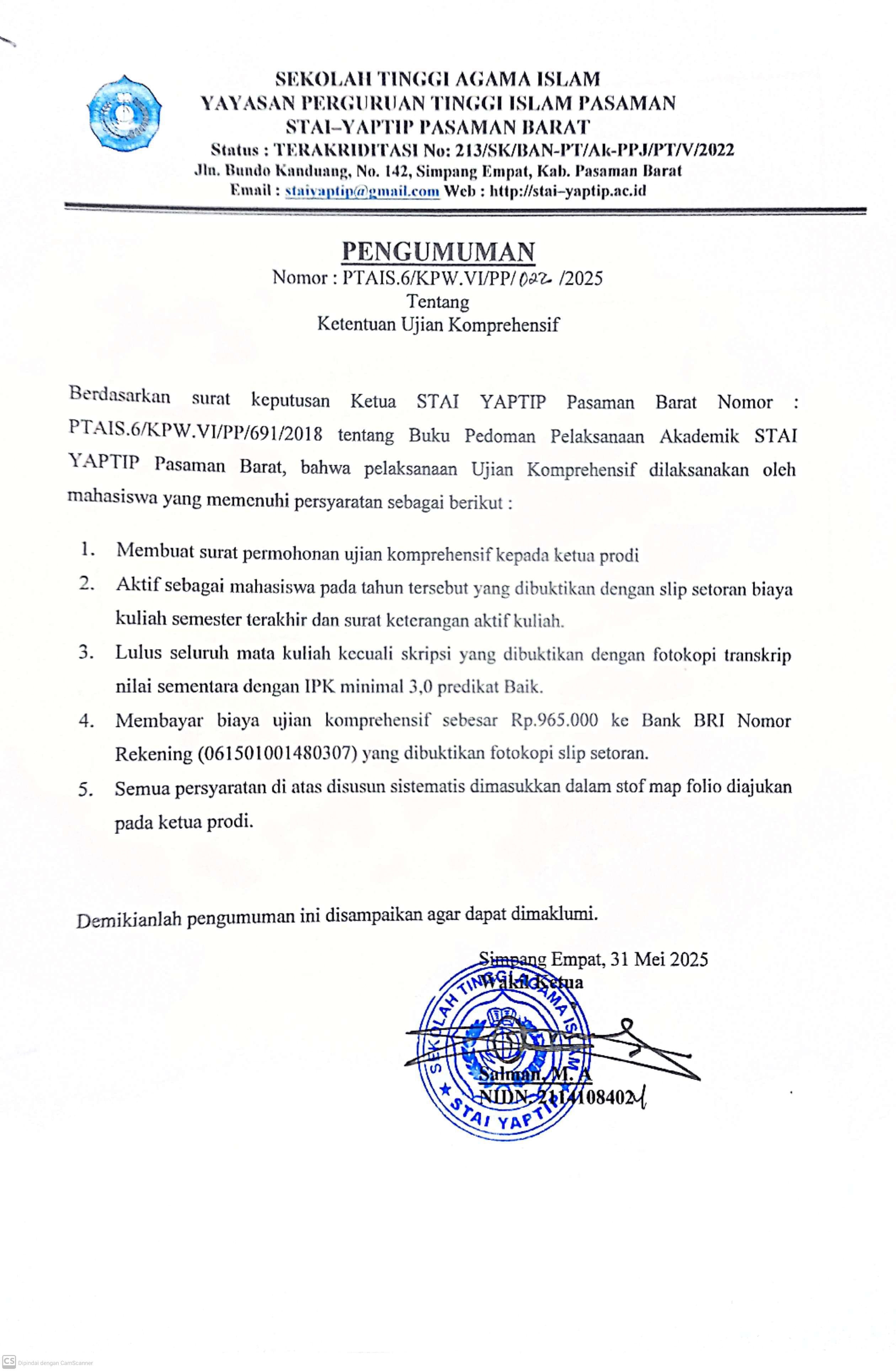 KETENTUAN UJIAN KOMPREHENSIF STAI YAPTIP PASAMAN BARAT