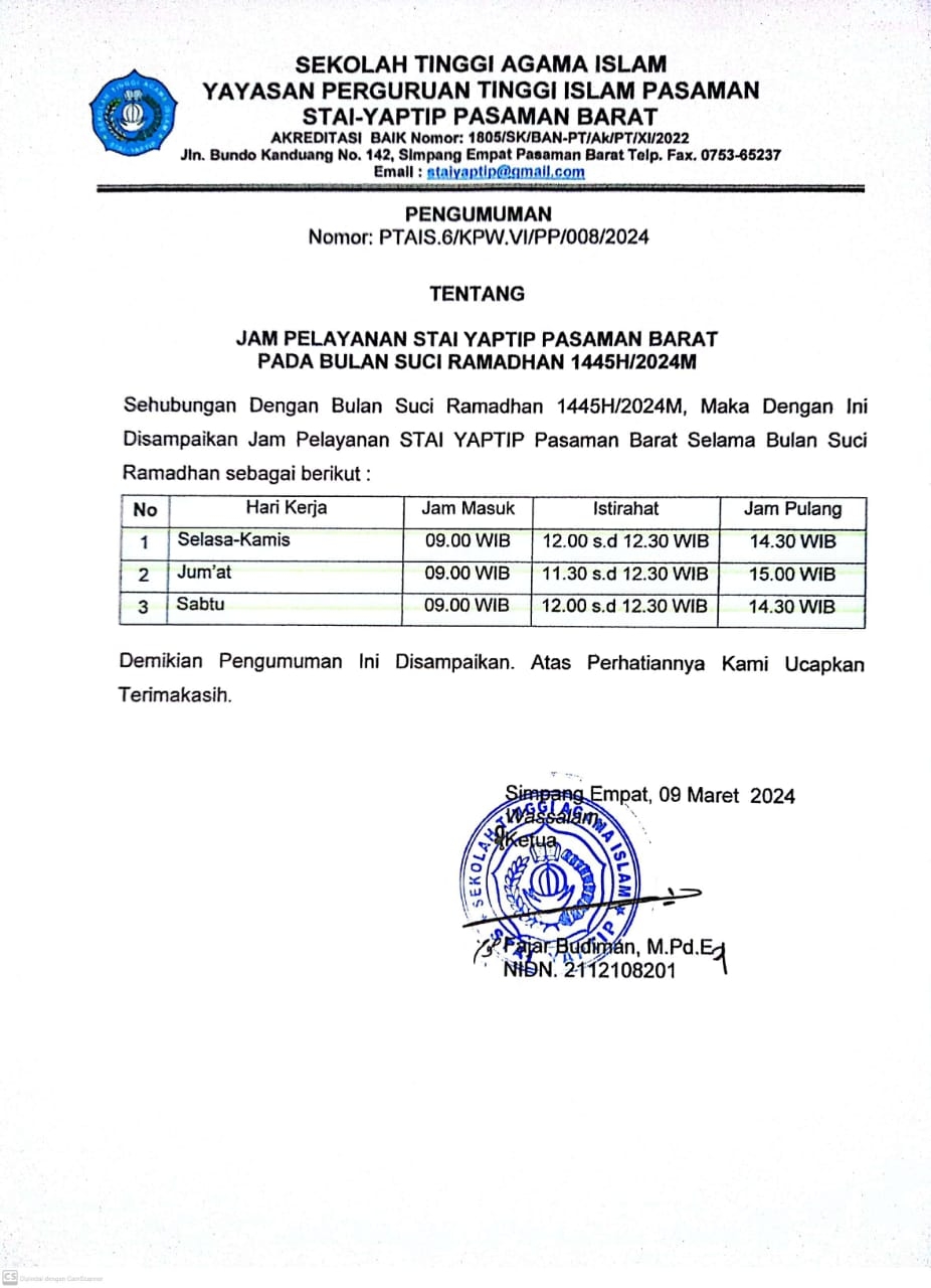 JAM PELAYANAN STAI YAPTIP PASAMAN BARAT PADA BULAN SUCI RAMADHAN 1445H/2024M