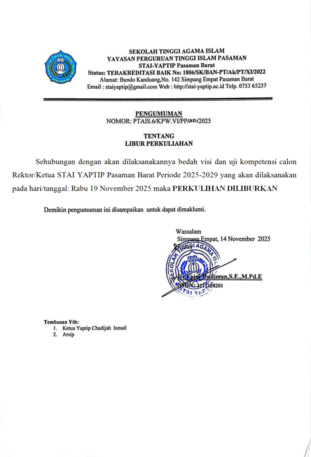 LIBUR PERKULIAHAN STAI YAPTIP PASAMAN BARAT