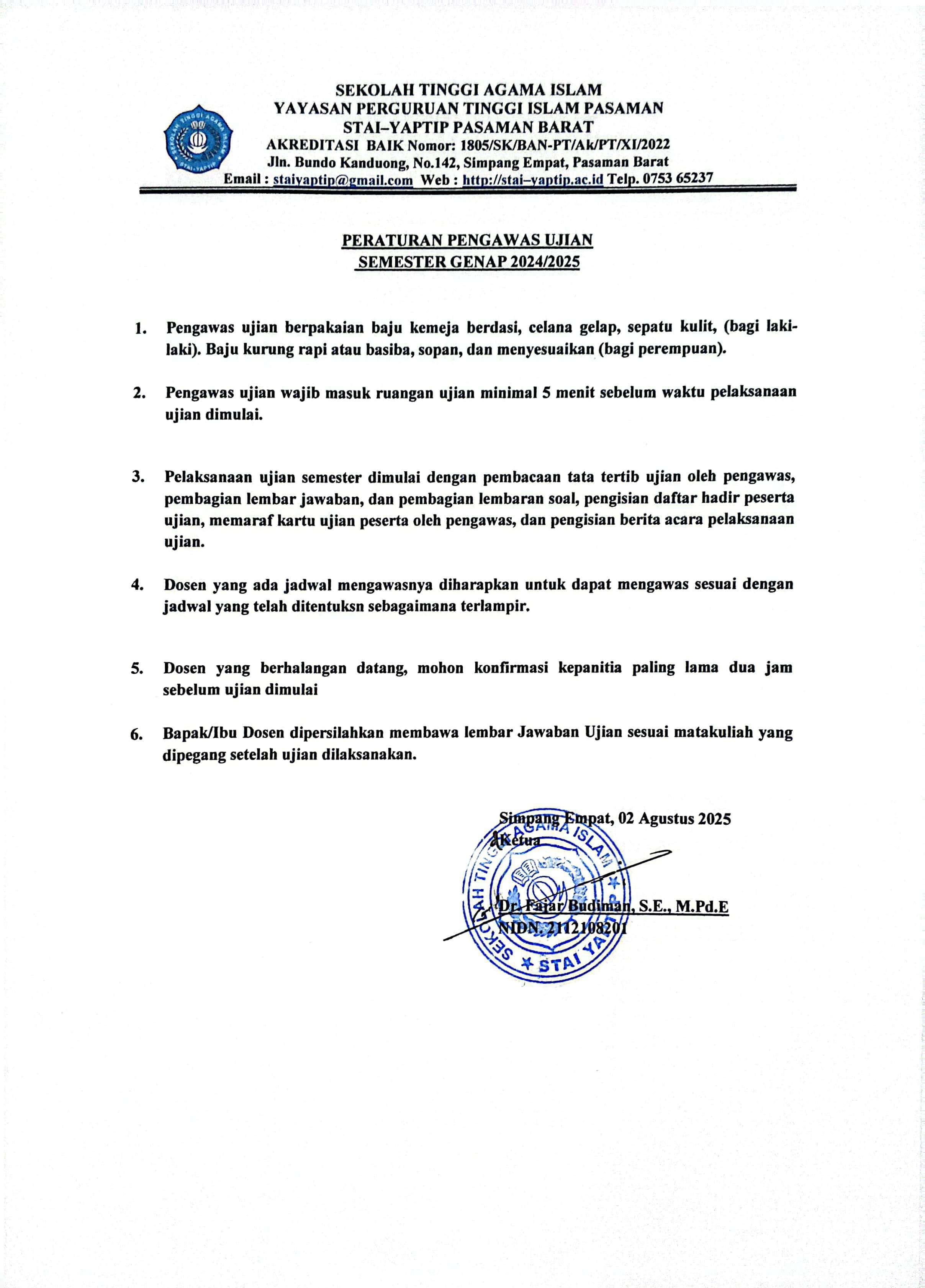 PERATURAN PENGAWAS UJIAN SEMESTER GENAP 2024/2025