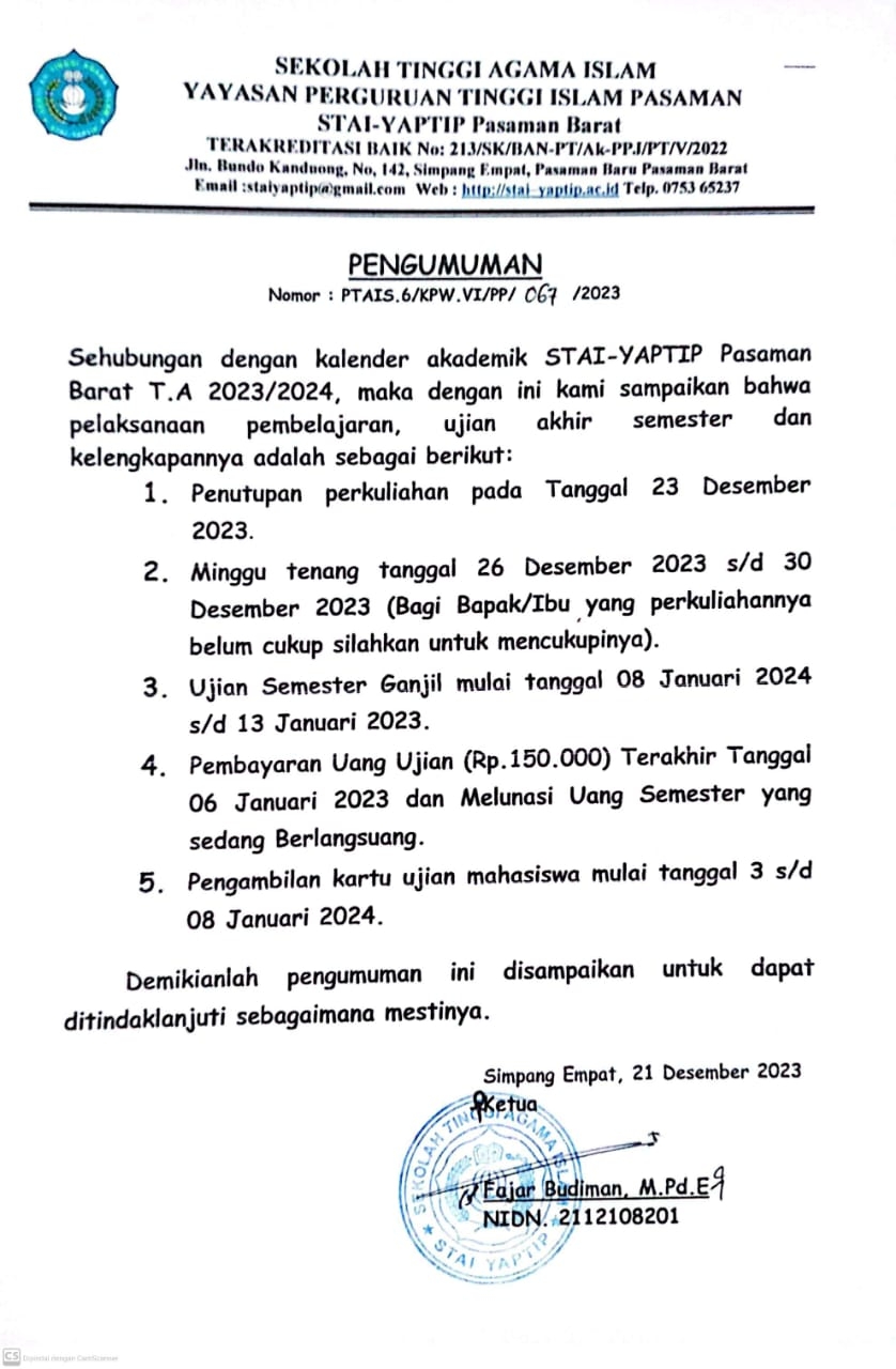PELAKSANAAN PEMBELAJARAN DAN UJIAN AKHIR SEMESTER STAI YAPTIP PASAMAN BARAT T.A 2023/2024