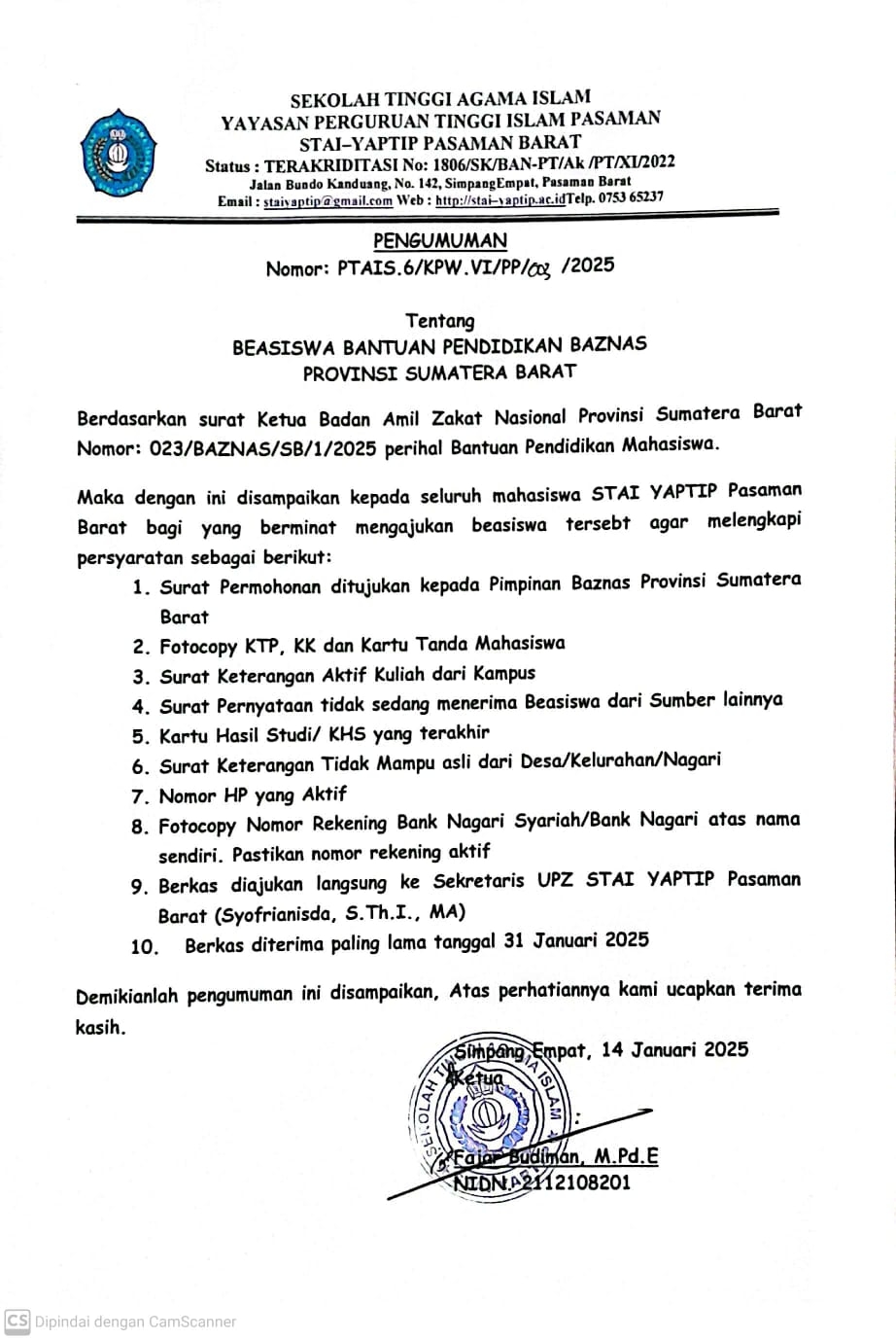 BEASISWA BANTUAN PENDIDIKAN BAZNAS PROVINSI SUMATERA BARAT 2025