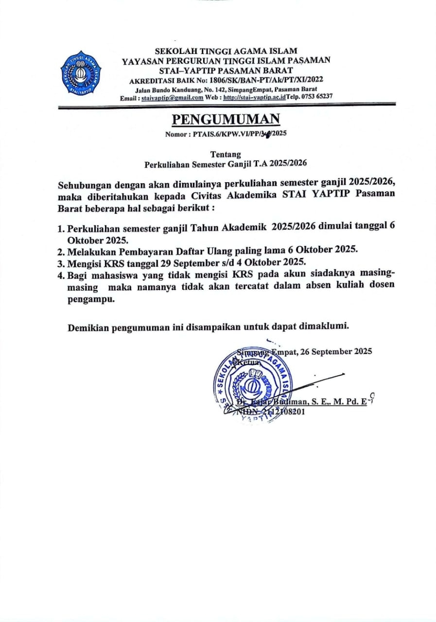PERKULIAHAN SEMESTER GANJIL TAHUN AKADEMIK 2025/2026