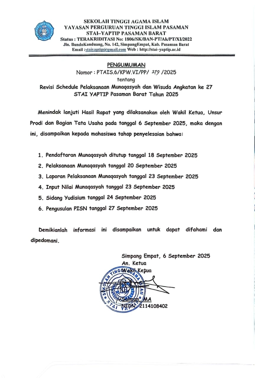 REVISI SCHEDULE PELAKSANAAN MUNAQASYAH STAI YAPTIP PASAMAN BARAT