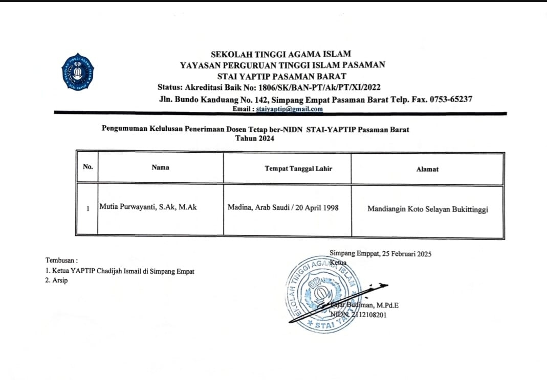 HASIL PENERIMAAN DOSEN TETAP BER-NIDN STAI YAPTIP PASAMAN BARAT TAHUN 2024