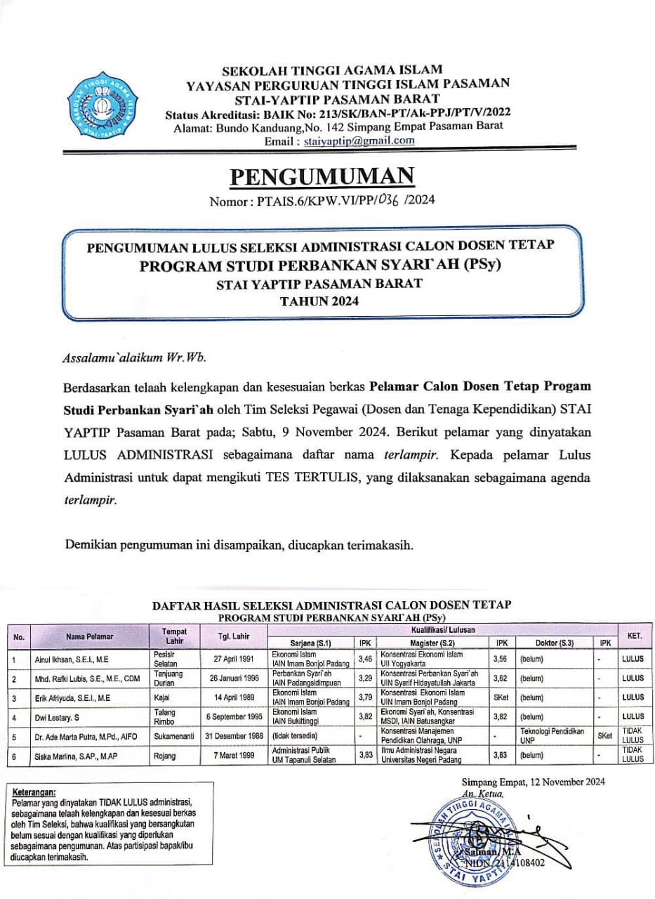 PENGUMUMAN LULUS SELEKSI ADMINISTRASI CALON DOSEN TETAP PRODI PSy STAI YAPTIP PASAMAN BARAT