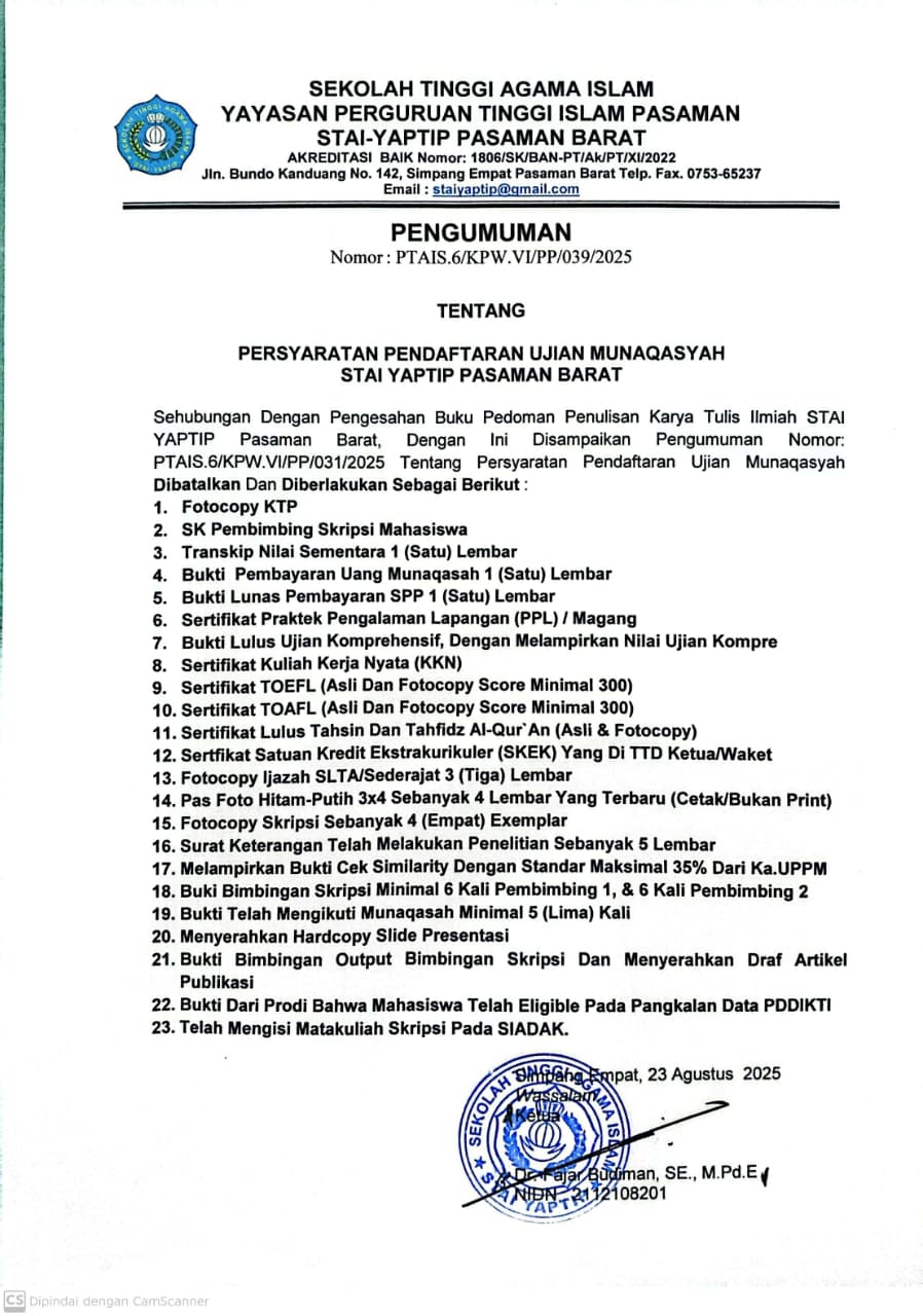 PERSYARATAN PENDAFTARAN UJIAN MUNAQASYAH STAI YAPTIP PASAMAN BARAT