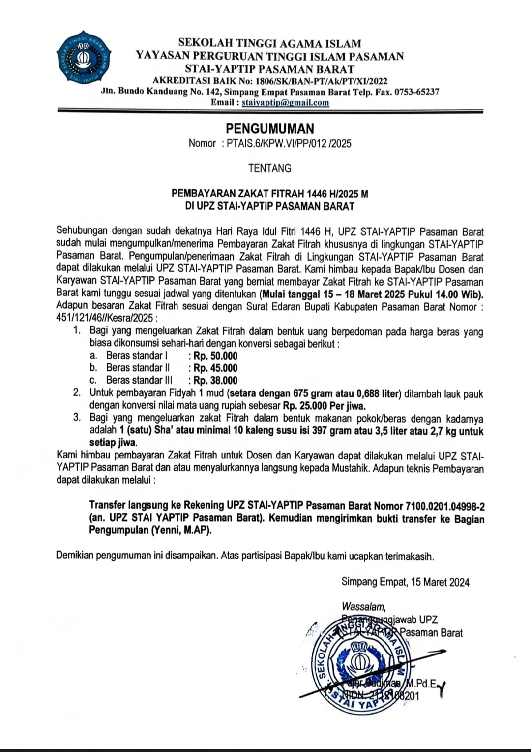 PEMBAYARAN ZAKAT FITRAH 1446H/2025 M STAI YAPTIP PASAMAN BARAT