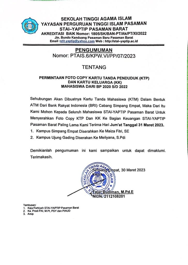 PERMINTAAN FOTO COPY KTP DAN KARTU KELUARGA MAHASISWA BP 2020 S.D 2022
