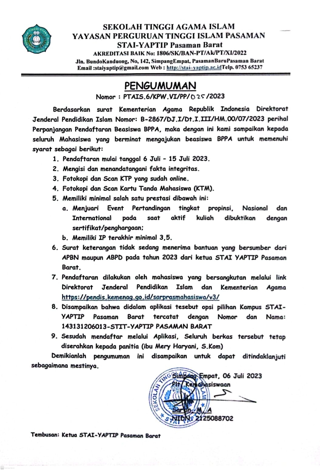 PERPANJANGAN PENDAFTARAN BEASISWA BPPA