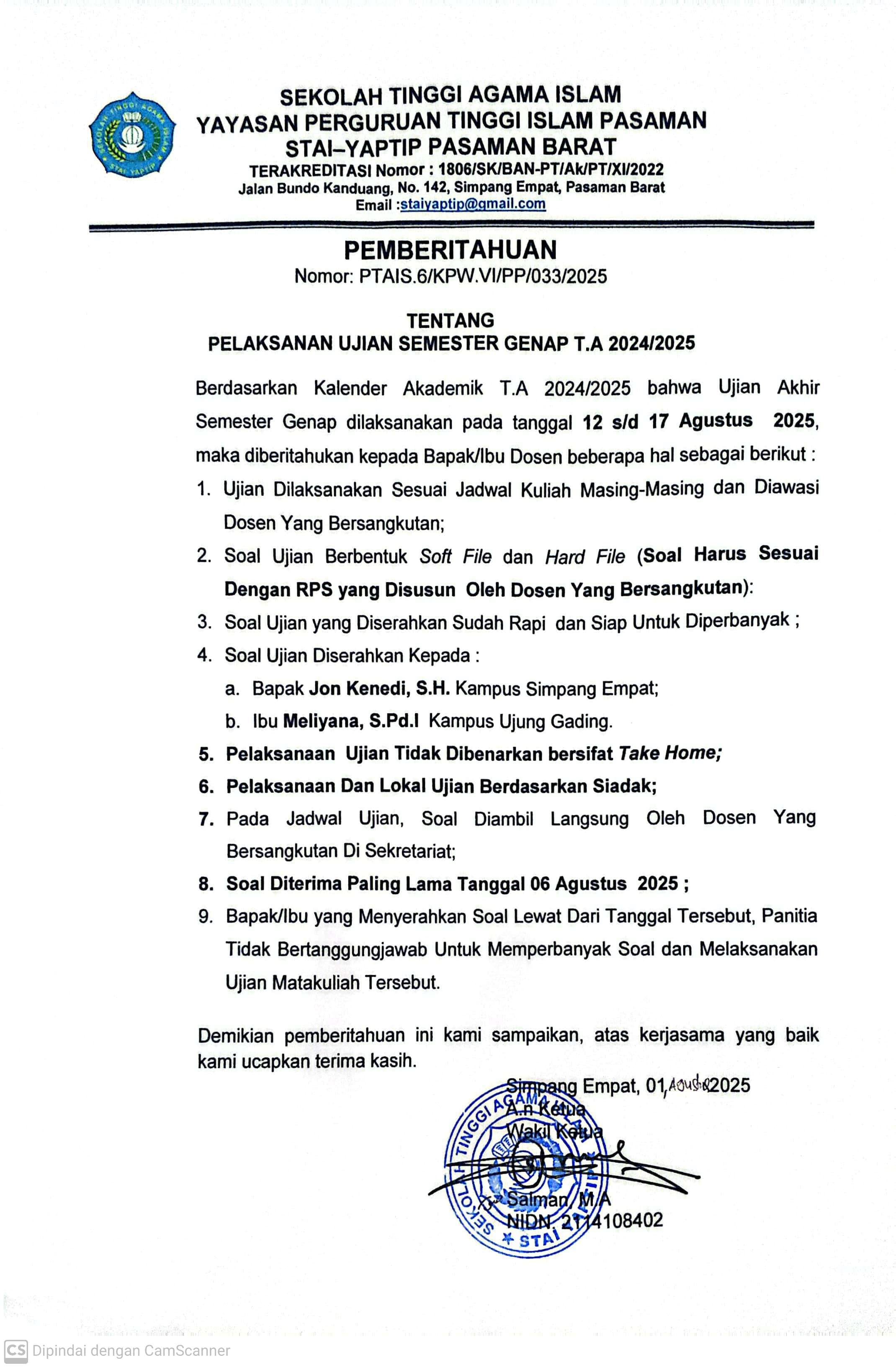 PELAKSANAAN UJIAN SEMESTER GENAP T.A 2024/2025