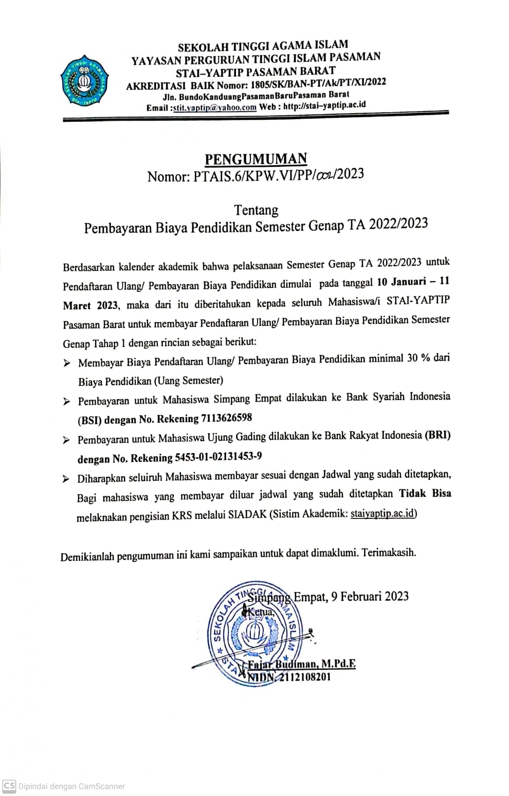 PEMBAYARAN BIAYA PENDIDIKAN SEMESTER GENAP TA 2022/2023