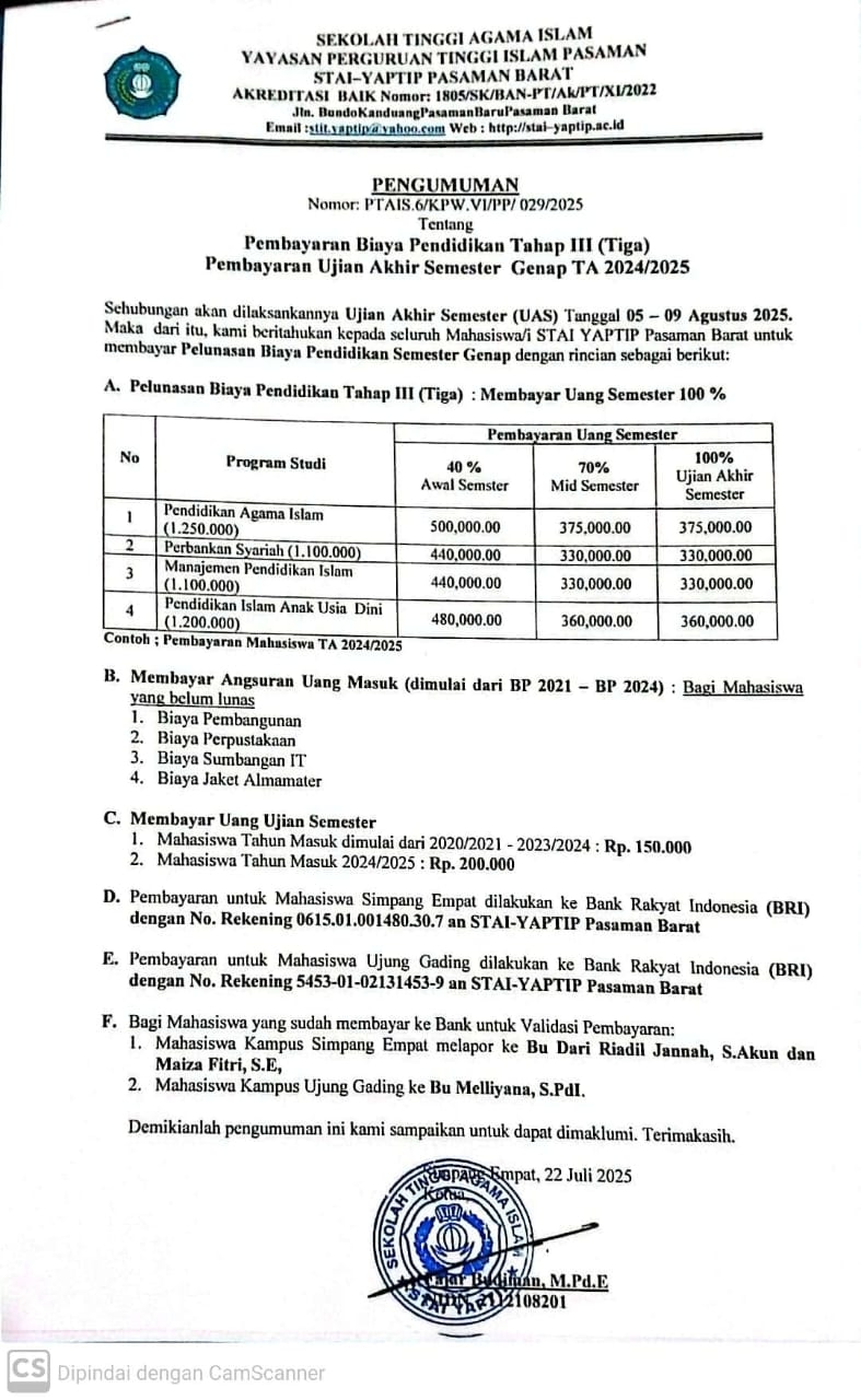 PEMBAYARAN UJIAN AKHIR SEMESTER GENAP TAHUN AKADEMIK 2024/2025