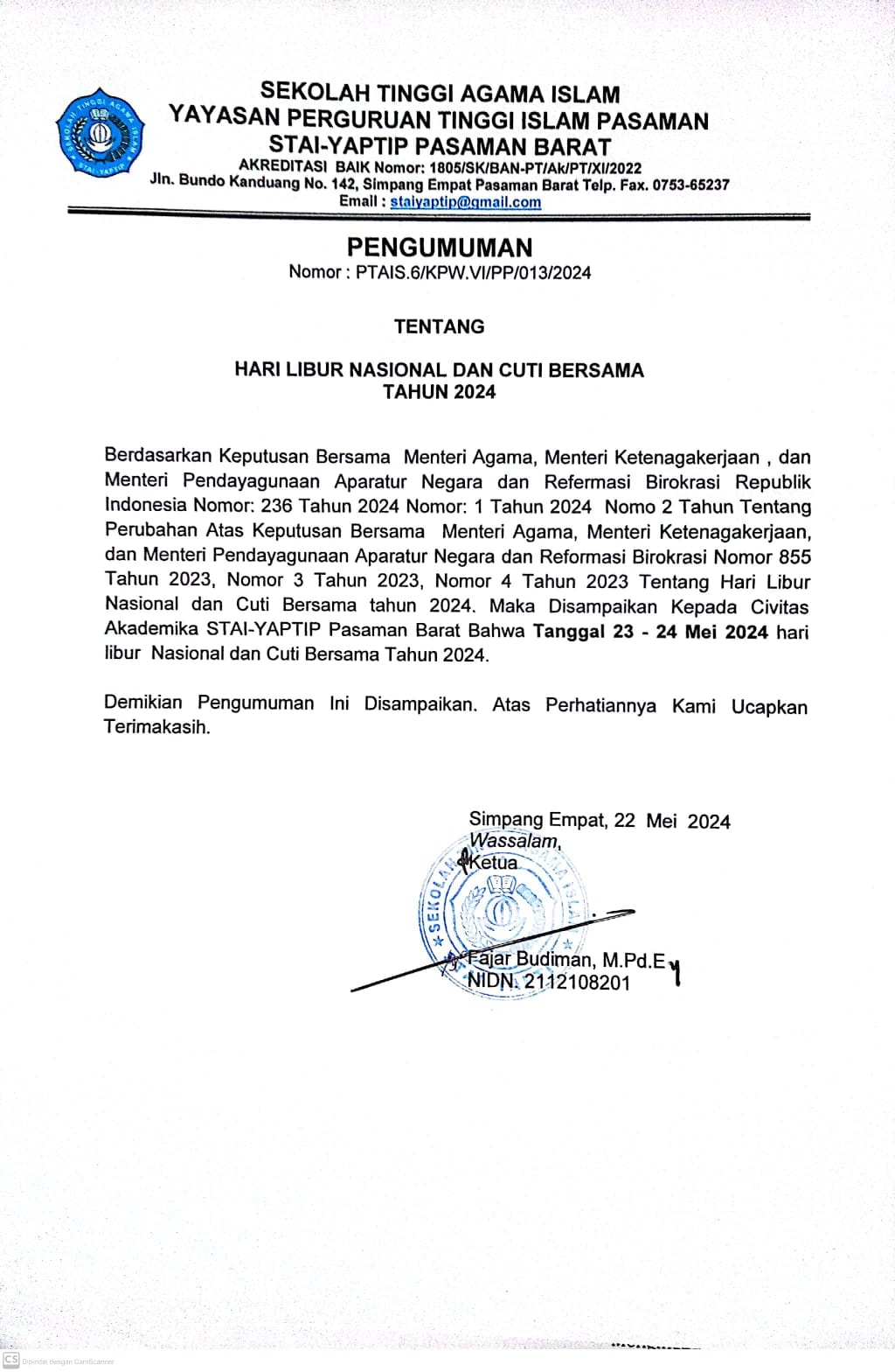 HARI LIBUR NASIONAL DAN CUTI BERSAMA TAHUN 2024