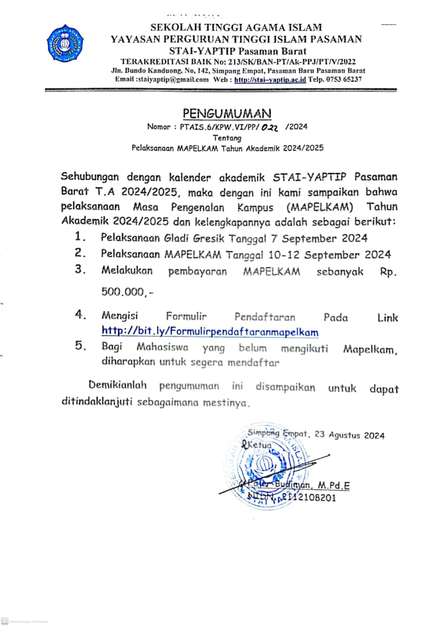 PELAKSANAAN MASA PENGENALAN KAMPUS STAI YAPTIP PASAMAN BARAT T.A 2024/2025