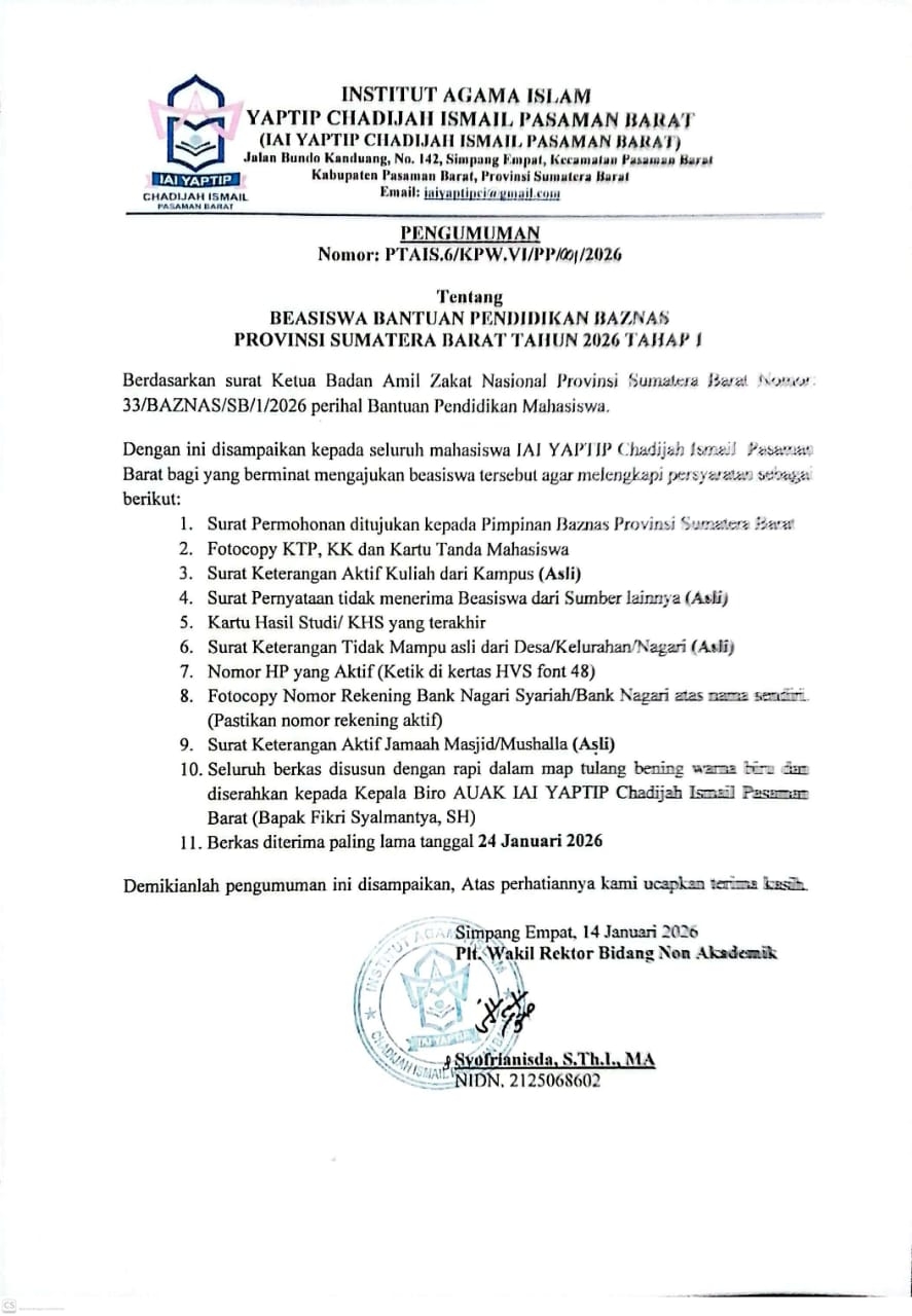 BEASISWA BANTUAN PENDIDIKAN BAZNAS PROVINSI SUMATERA BARAT TAHUN 2026