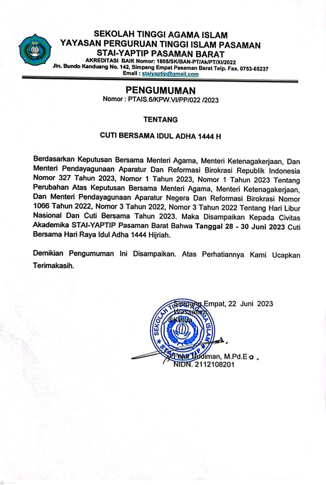 CUTI BERSAMA IDUL ADHA 1444H STAI-YAPTIP PASAMAN BARAT