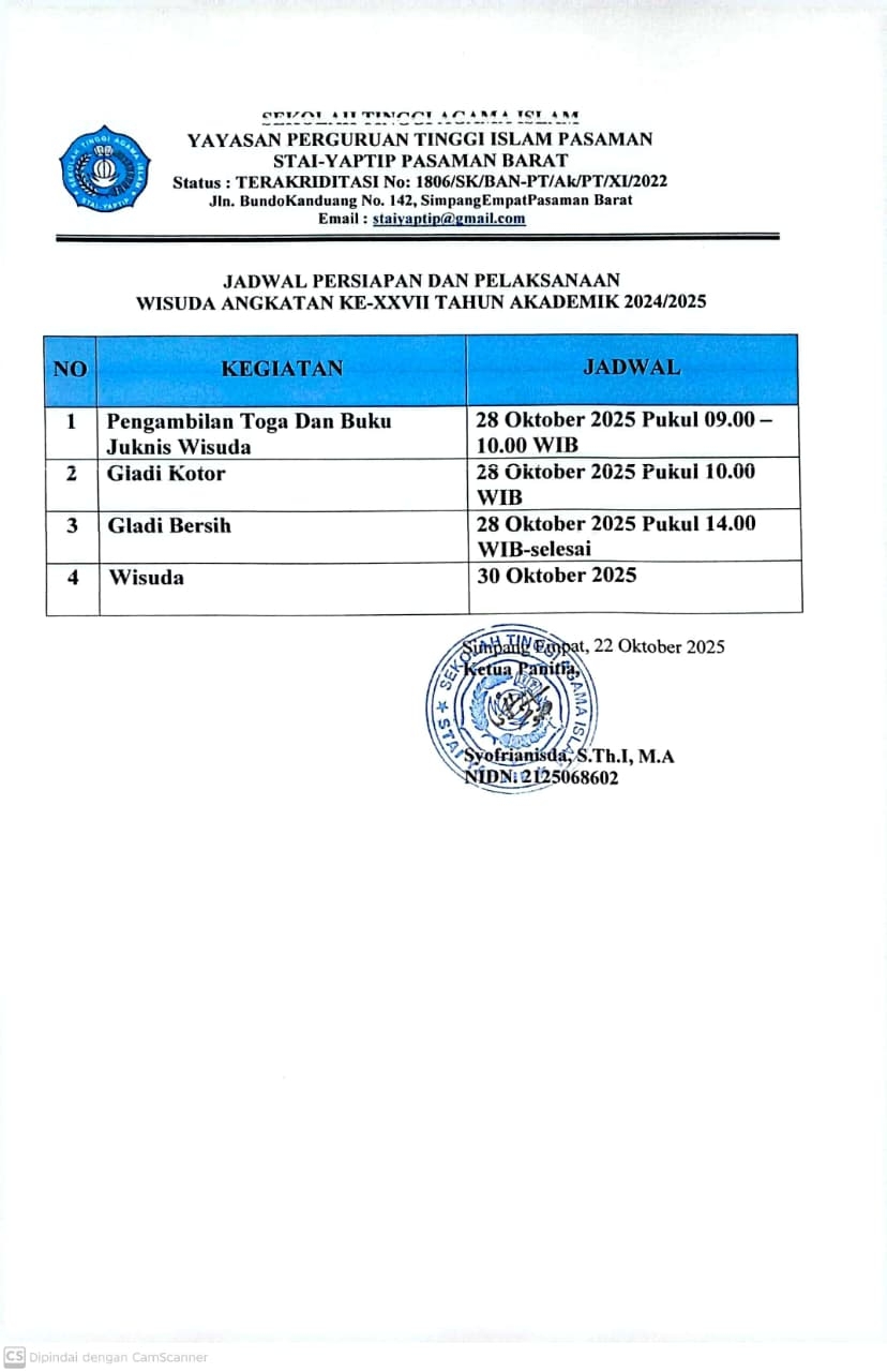 JADWAL PERSIAPAN DAN PELAKSANAAN WISUDA ANGKATAN KE 27 STAI YAPTIP PASAMAN BARAT TAHUN 2025