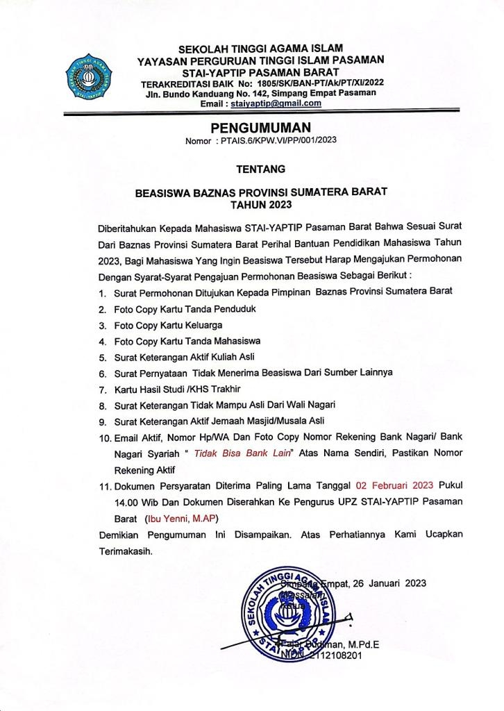 BEASISWA BAZNAS PROVINSI SUMATERA BARAT TAHUN 2023