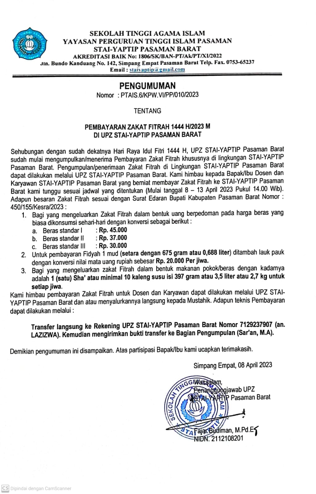 PEMBAYARAN ZAKAT FITRAH 1444 H/2023 M DI UPZ STAI-YAPTIP PASAMAN BARAT