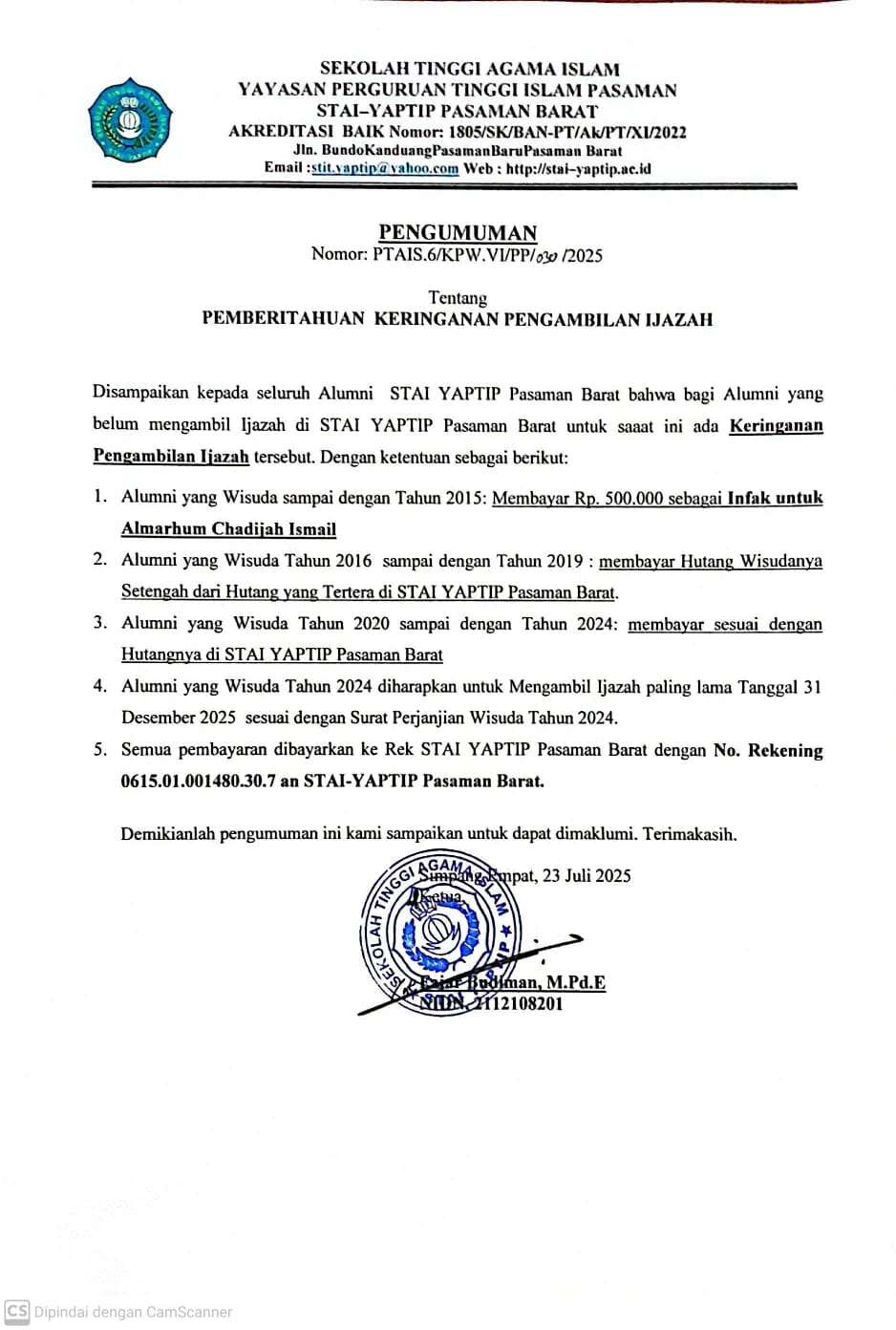 PEMBERITAHUAN KERINGANAN PENGAMBILAN IJAZAH
