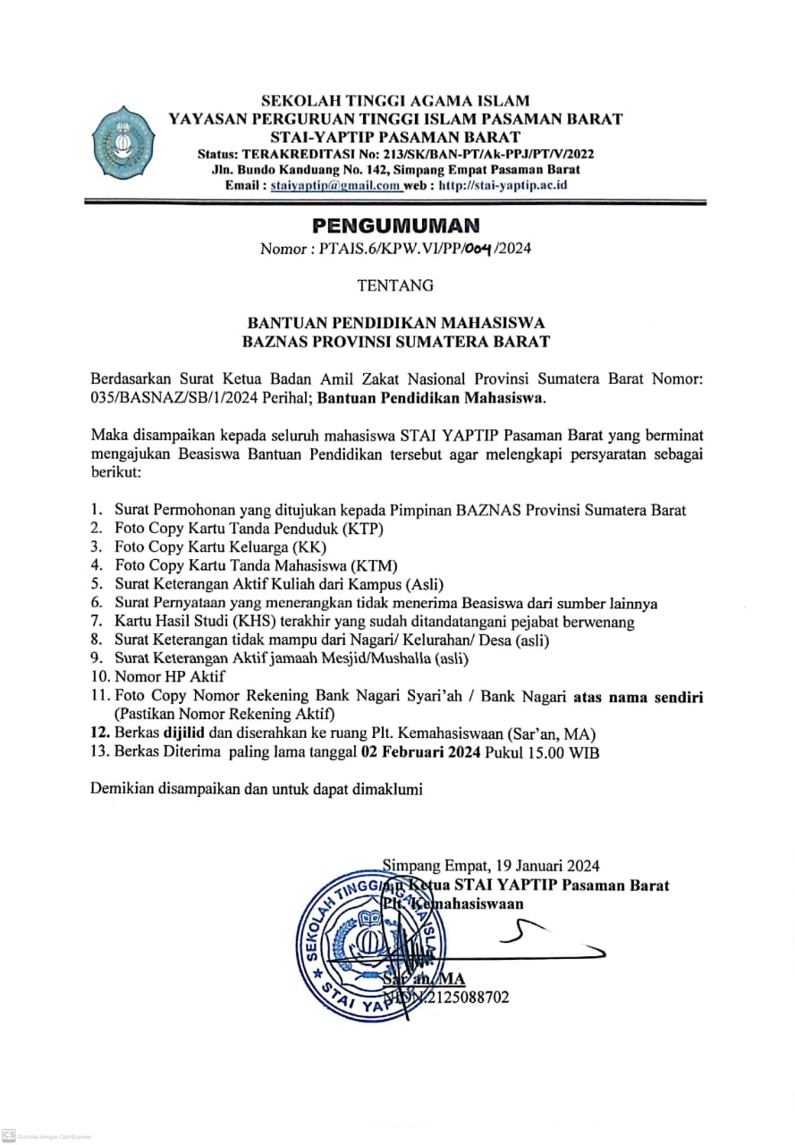 BANTUAN PENDIDIKAN MAHASISWA BAZNAS PROVINSI SUMATERA BARAT
