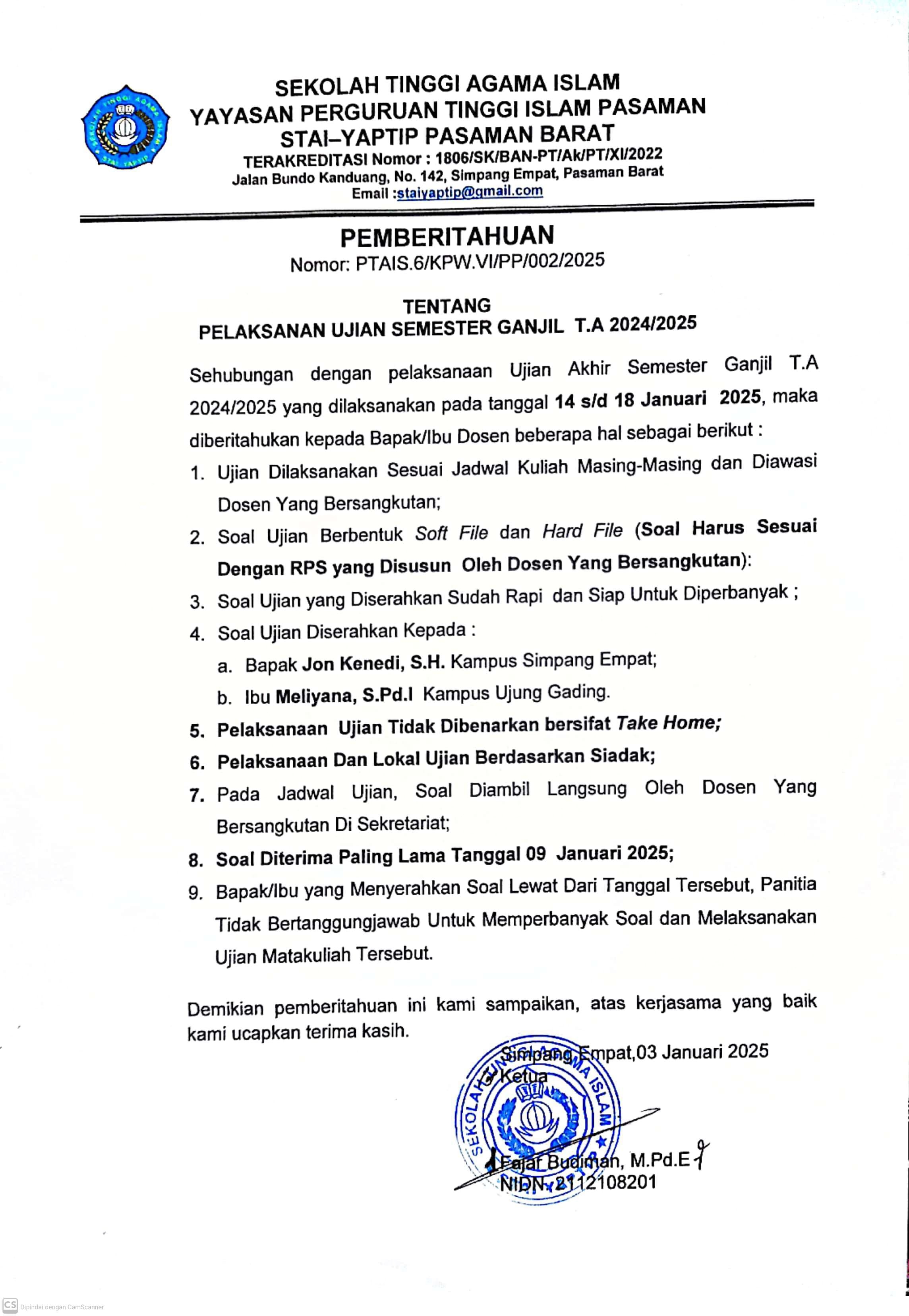 PERMINTAAN SOAL DAN PELAKSANAAN UJIAN AKHIR SEMESTER GANJIL TAHUN AKADEMIK 2024/2025